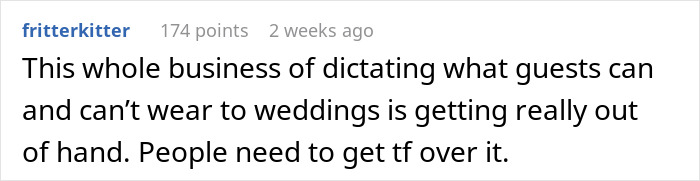 Comment discussing wedding guest attire norms and personal opinions.