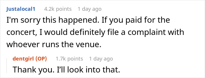 Reddit comments discussing filing a complaint about a concert incident involving a rude boomer.