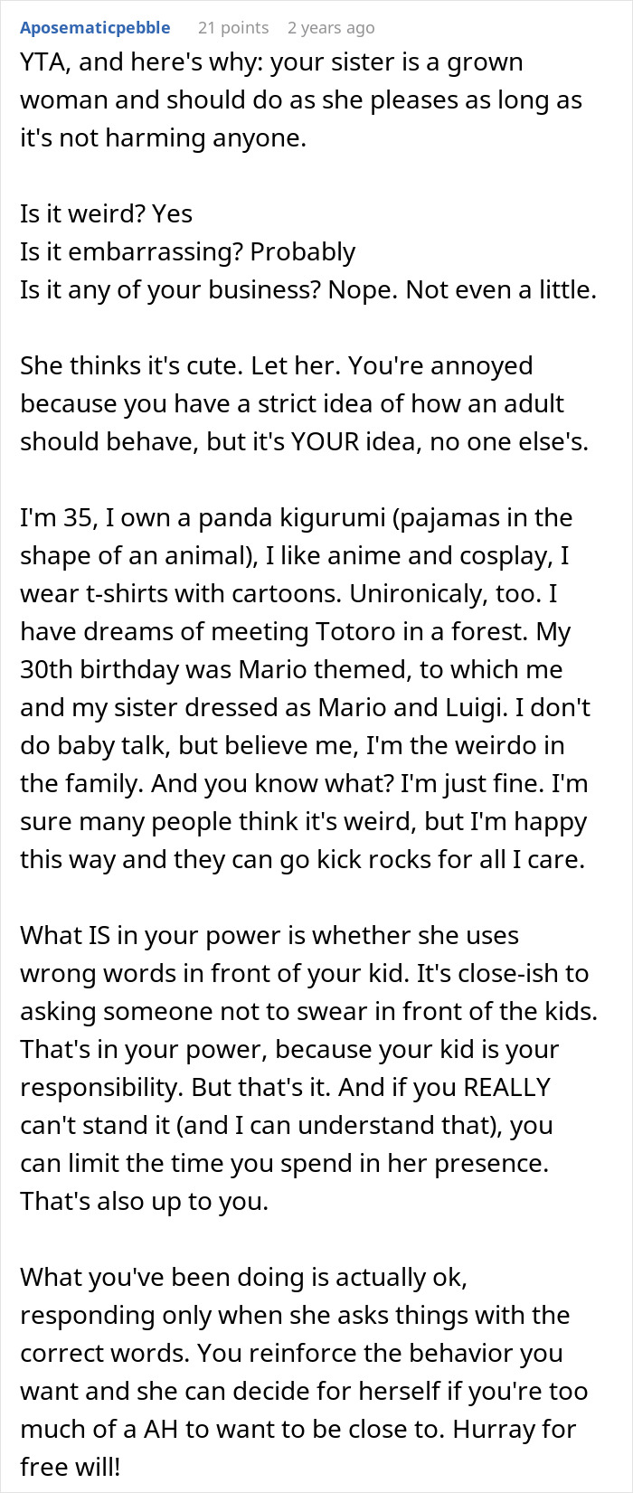 Text response discussing a 27-year-old using baby talk and family dynamics. Text response discussing a 27-year-old using baby talk and family dynamics.