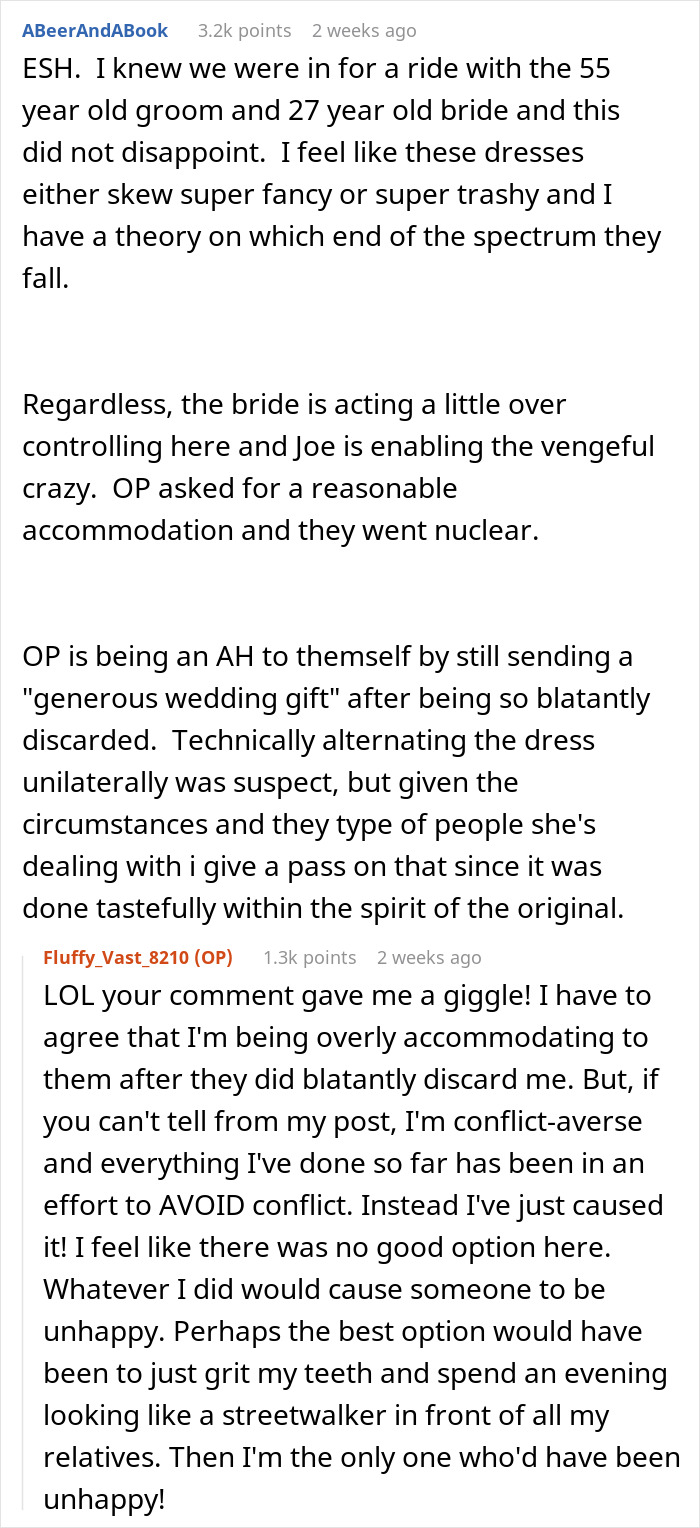 Reddit thread discussing a woman banned from a wedding for altering a bridesmaid dress.