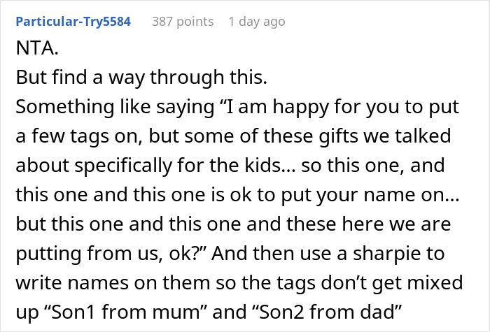 Comment discussing MIL putting her own tags on gifts not purchased, suggesting a solution.