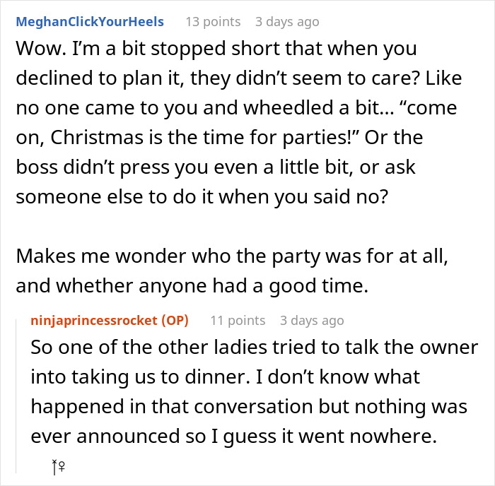 Reddit conversation about a failed office Christmas party after a woman's refusal to organize it.