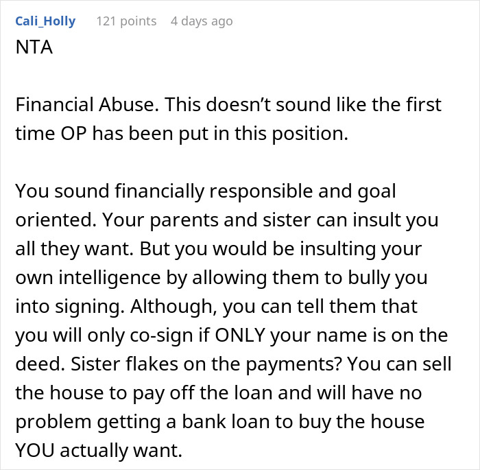 Reddit comment advising a woman on protecting finances over family obligations, addressing financial responsibility.