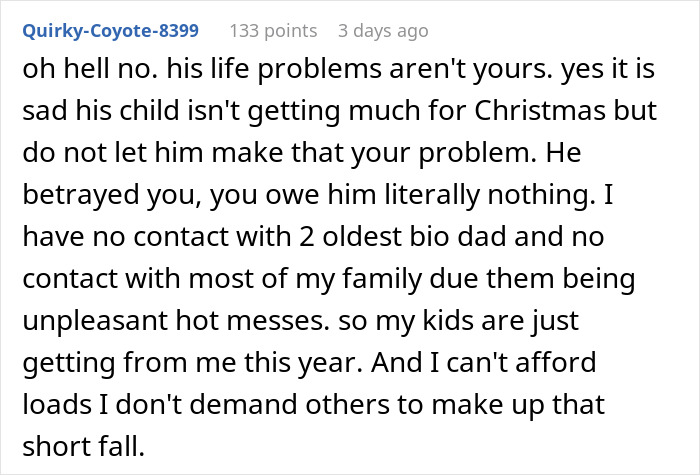 Text from a forum post discussing not giving a Christmas gift to an ex's affair child; highlights personal boundaries. Text from a forum post discussing not giving a Christmas gift to an ex's affair child; highlights personal boundaries.