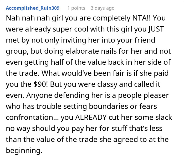 Text comment about trading services dispute in a friend group. Text comment about trading services dispute in a friend group.