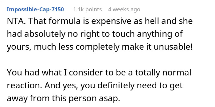 Reddit comment discussing a roommate throwing away baby formula and overstepping boundaries. Reddit comment discussing a roommate throwing away baby formula and overstepping boundaries.