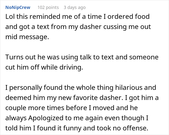 Screenshot of a Reddit post describing a manic DoorDash driver text incident.