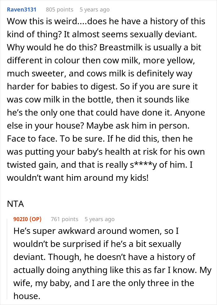 Reddit comments discussing accusations about replacing breast milk with cow milk. Reddit comments discussing accusations about replacing breast milk with cow milk.