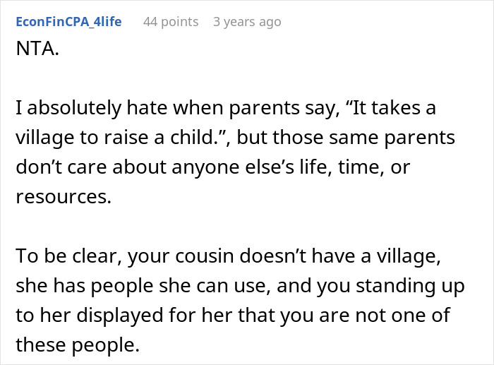 Text post discussing parenting, criticizing a mom who treats family as free babysitters in the name of "village" support.