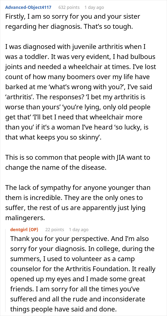 Social media conversation highlighting Boomer disbelief in disability and lack of empathy for wheelchair users.