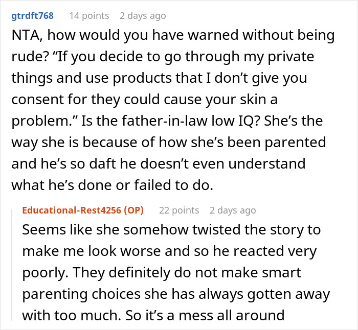 Reddit comments discussing a teen using products without permission, resulting in skin issues. Reddit comments discussing a teen using products without permission, resulting in skin issues.