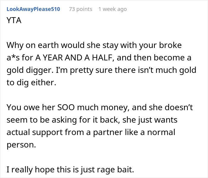 Reddit comment criticizing a boyfriend lacking self-awareness, supported financially by his girlfriend. Reddit comment criticizing a boyfriend lacking self-awareness, supported financially by his girlfriend.