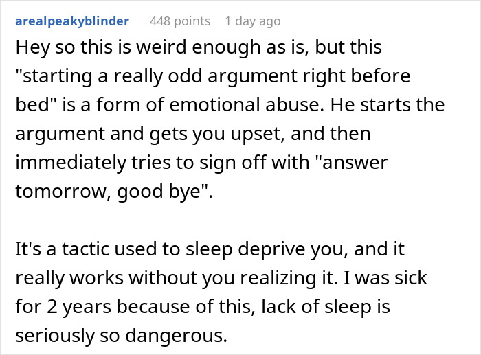 Text discussing emotional abuse involving arguments before bed as a sleep deprivation tactic.