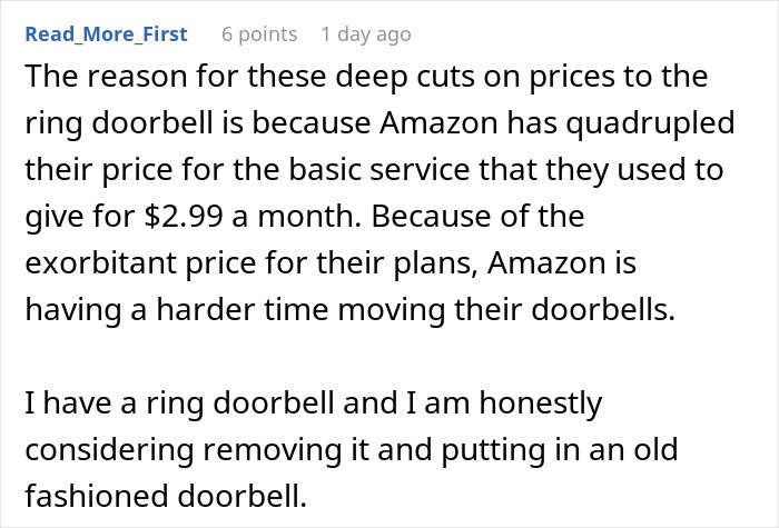 Text discussing Amazon's price increase on Ring doorbells and customer considerations.