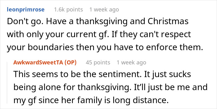 Online advice on handling a family's holiday invitation of an ex-girlfriend, emphasizing personal boundaries.