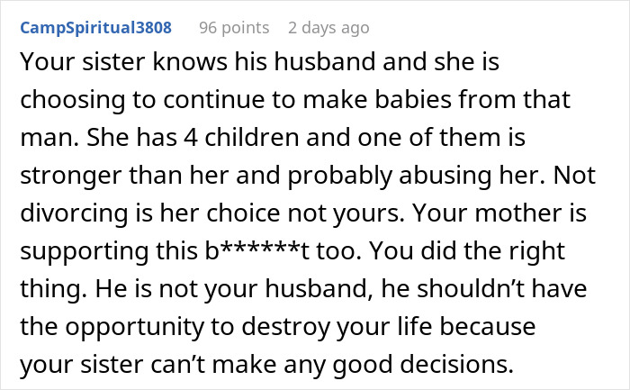 Text exchange discussing refusing to stay for brother-in-law&rsquo;s drunken scene, mentioning family decisions and consequences.