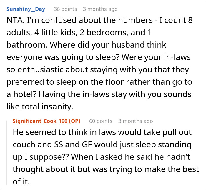 Reddit comments discussing in-law drama during an unplanned vacation visit.