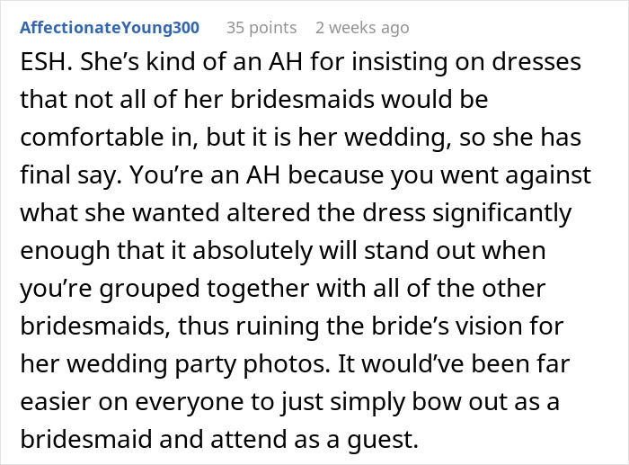Reddit comment discussing conflict about altering a bridesmaid dress before a wedding.