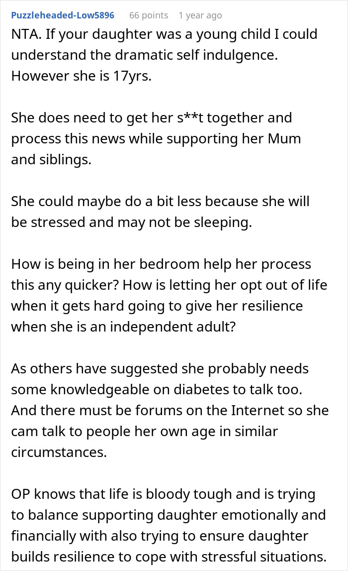 Comment discussing daughter's responsibilities despite disease, highlighting divided opinions on parenting challenges.