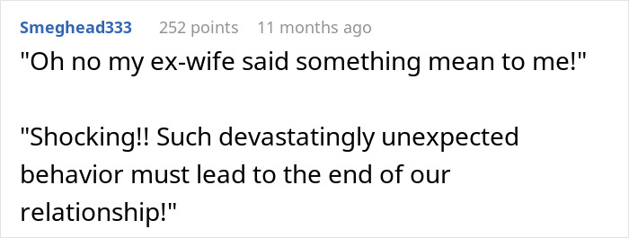 A Reddit comment about a painful remark from an ex-wife leading to regret after a long marriage. A Reddit comment about a painful remark from an ex-wife leading to regret after a long marriage.
