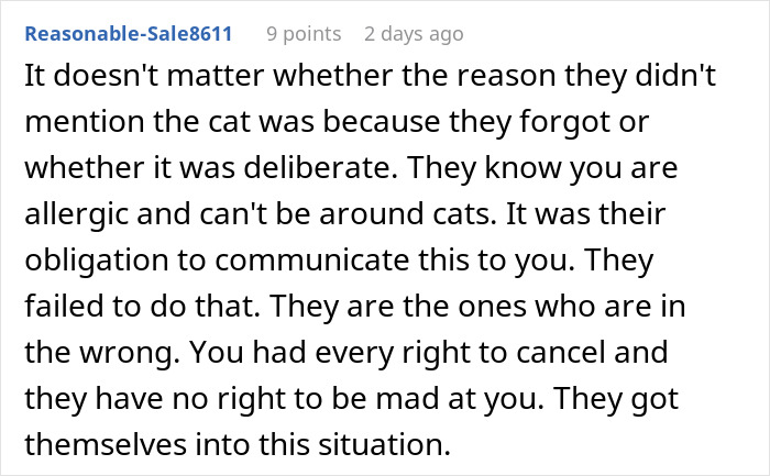 Text discussion about a man with allergies, unable to watch a friend's dog due to presence of a cat.