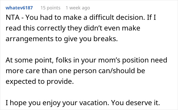 Comment discusses son placing mom in care facility, emphasizing difficult decision and need for more support. Comment discusses son placing mom in care facility, emphasizing difficult decision and need for more support.