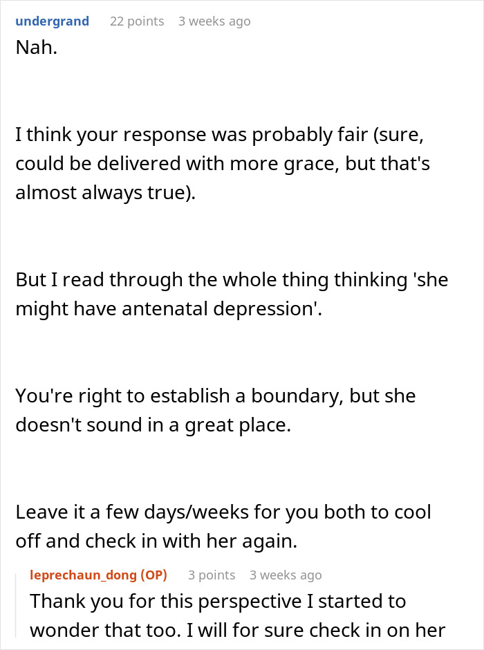 Reddit discussion about a pregnant friend's complaints, suggesting antenatal depression and setting boundaries.