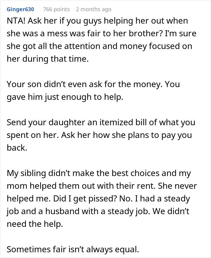 Reddit comment about financial help from parents, discussing fairness between siblings. Reddit comment about financial help from parents, discussing fairness between siblings.