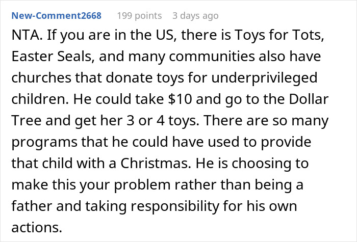 Text response discussing options like Toys for Tots and community donations instead of gifting an affair child on Christmas. Text response discussing options like Toys for Tots and community donations instead of gifting an affair child on Christmas.