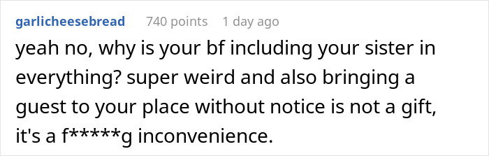 Reddit comment criticizing unexpected surprise by boyfriend involving girlfriend's sister.