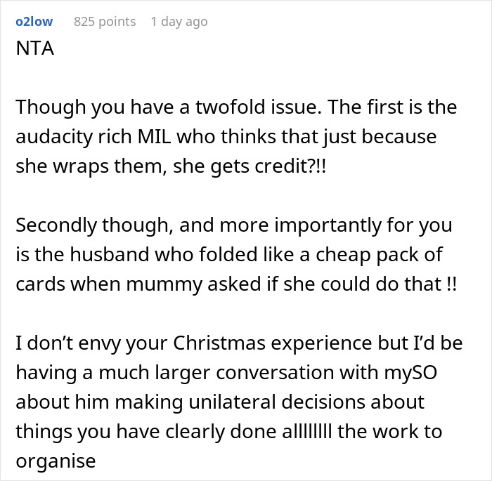 Text response criticizing MIL for taking credit for gifts she didn't buy.