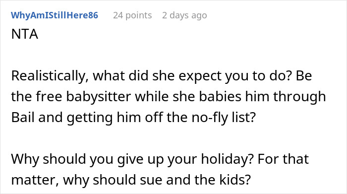 Reddit comment discussing a woman's refusal to miss a flight due to her brother-in-law's drunken incident.