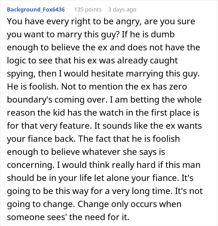 Comment discussing woman spying on ex-husband with Gizmo watch, expressing concerns about boundaries and relationship issues. Comment discussing woman spying on ex-husband with Gizmo watch, expressing concerns about boundaries and relationship issues.