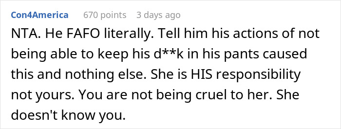 Text from a forum discussing whether not buying a gift for an ex's affair child is justified. Text from a forum discussing whether not buying a gift for an ex's affair child is justified.