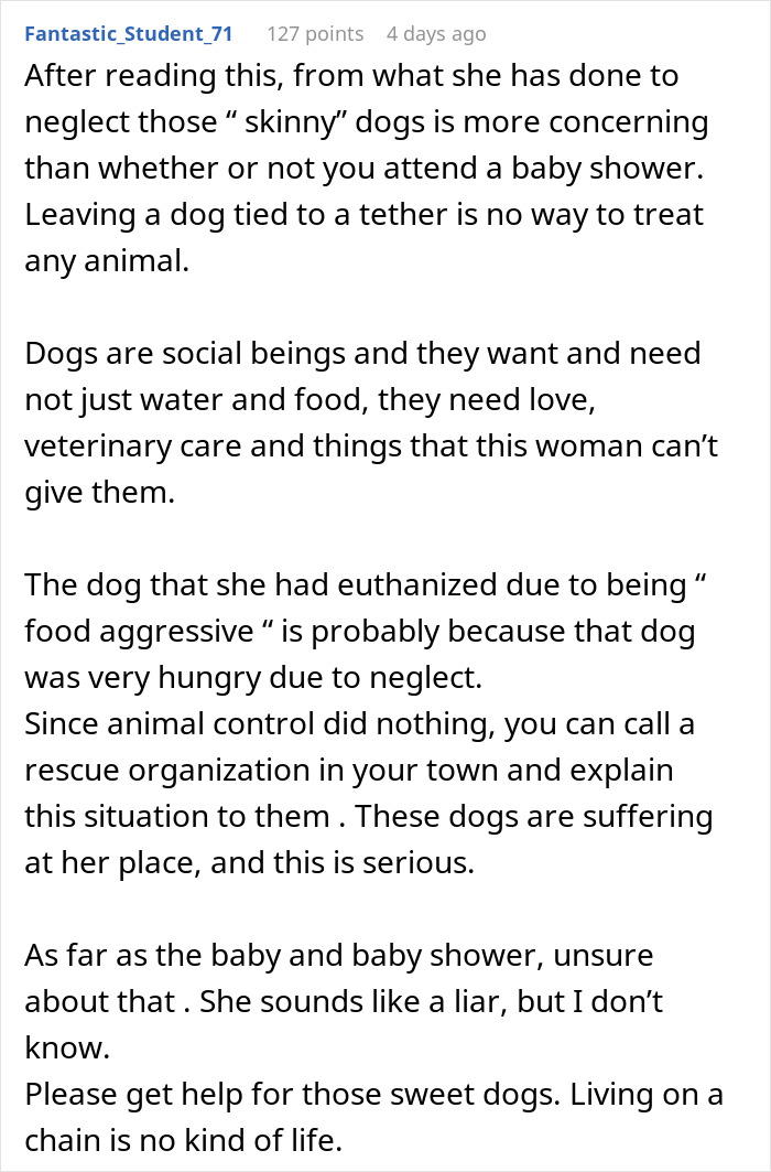 Text about skepticism regarding attending a baby shower without proof of baby's existence, highlighting dog neglect instead. Text about skepticism regarding attending a baby shower without proof of baby's existence, highlighting dog neglect instead.
