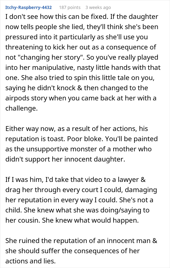 Online comment discussing teen's false claims about her stepdad being a creep. Online comment discussing teen's false claims about her stepdad being a creep.