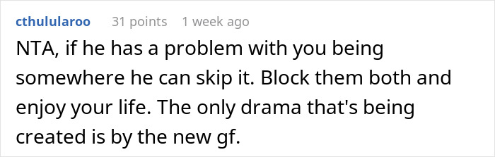 Reddit comment advising against skipping friend's housewarming to avoid ex's awkward demand. Reddit comment advising against skipping friend's housewarming to avoid ex's awkward demand.