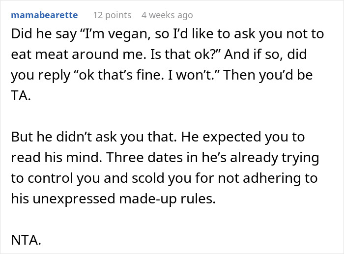 Text conversation about a woman eating a meat burger on a date with a vegan, labeled tactless.