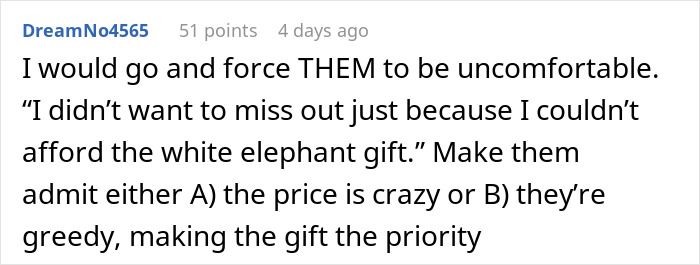 Screenshot of a comment discussing the high cost of a white elephant gift at a family Christmas party. Screenshot of a comment discussing the high cost of a white elephant gift at a family Christmas party.