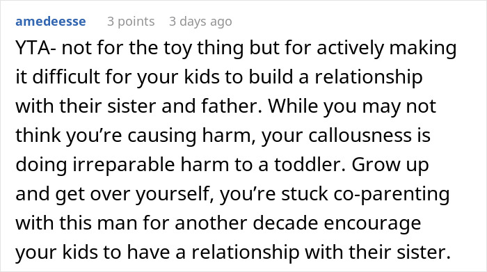 Reddit comment discussing a parent's decision regarding an affair child's Christmas gift. Reddit comment discussing a parent's decision regarding an affair child's Christmas gift.