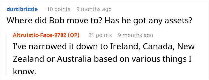 Text exchange discussing Bob's possible locations and assets, mentions of Ireland, Canada, New Zealand, and Australia. Text exchange discussing Bob's possible locations and assets, mentions of Ireland, Canada, New Zealand, and Australia.