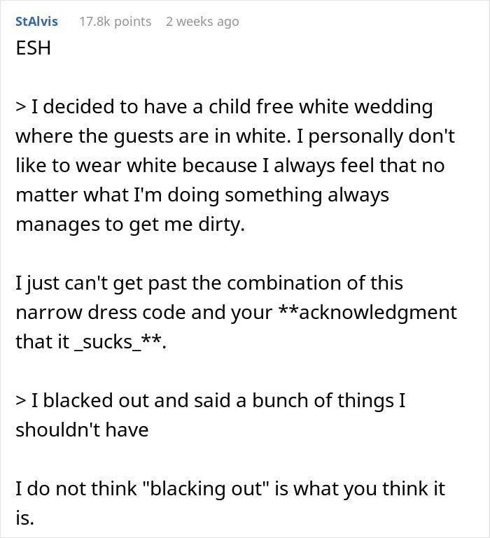 Text discussing a child-free white-themed wedding with a narrow dress code causing upset.