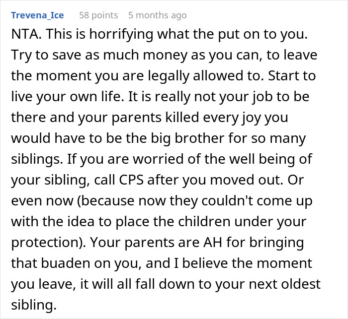Comment advising a sibling on leaving home, discussing parents and responsibility.