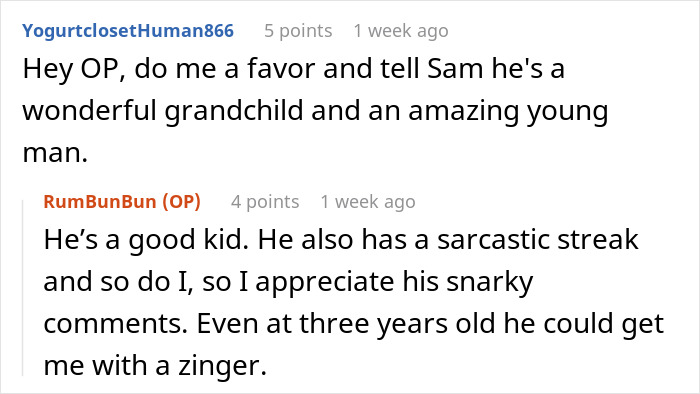 Reddit conversation praising a grandchild, highlighting the qualities of a young boy. Reddit conversation praising a grandchild, highlighting the qualities of a young boy.