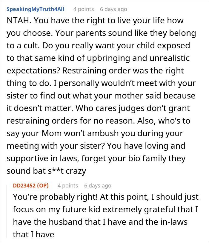 Screenshot of a conversation about a pregnant woman's conflicts with her family involving conservative values.