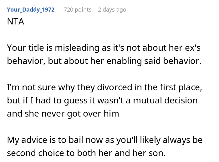 Comment discussing wife's ex being a jerk and advice on considering divorce.