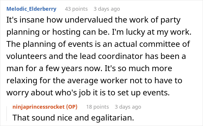 Comments discussing gender roles in office Christmas party planning with emphasis on egalitarian setup.