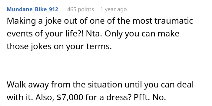 Screenshot of a Reddit comment discussing a joke about pregnant mistresses and a $7,000 wedding dress. Screenshot of a Reddit comment discussing a joke about pregnant mistresses and a $7,000 wedding dress.