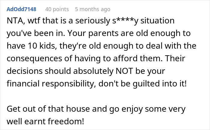 Comment discussing the responsibility of parents with 10 kids and the freedom of the eldest moving out.