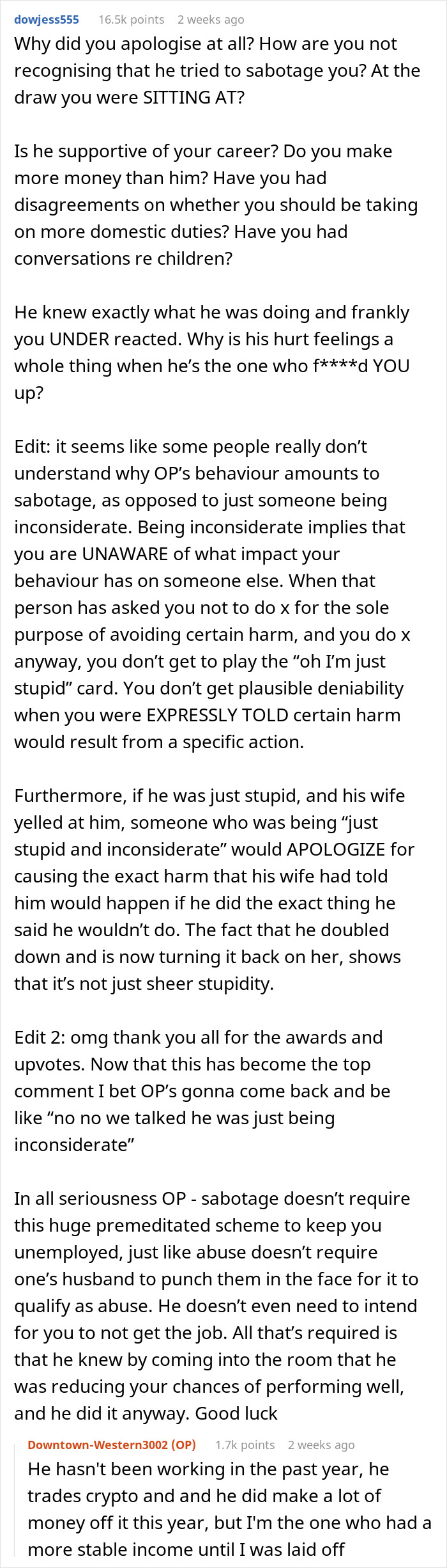 Reddit comment criticizes a husband for interrupting his wife's important job test.